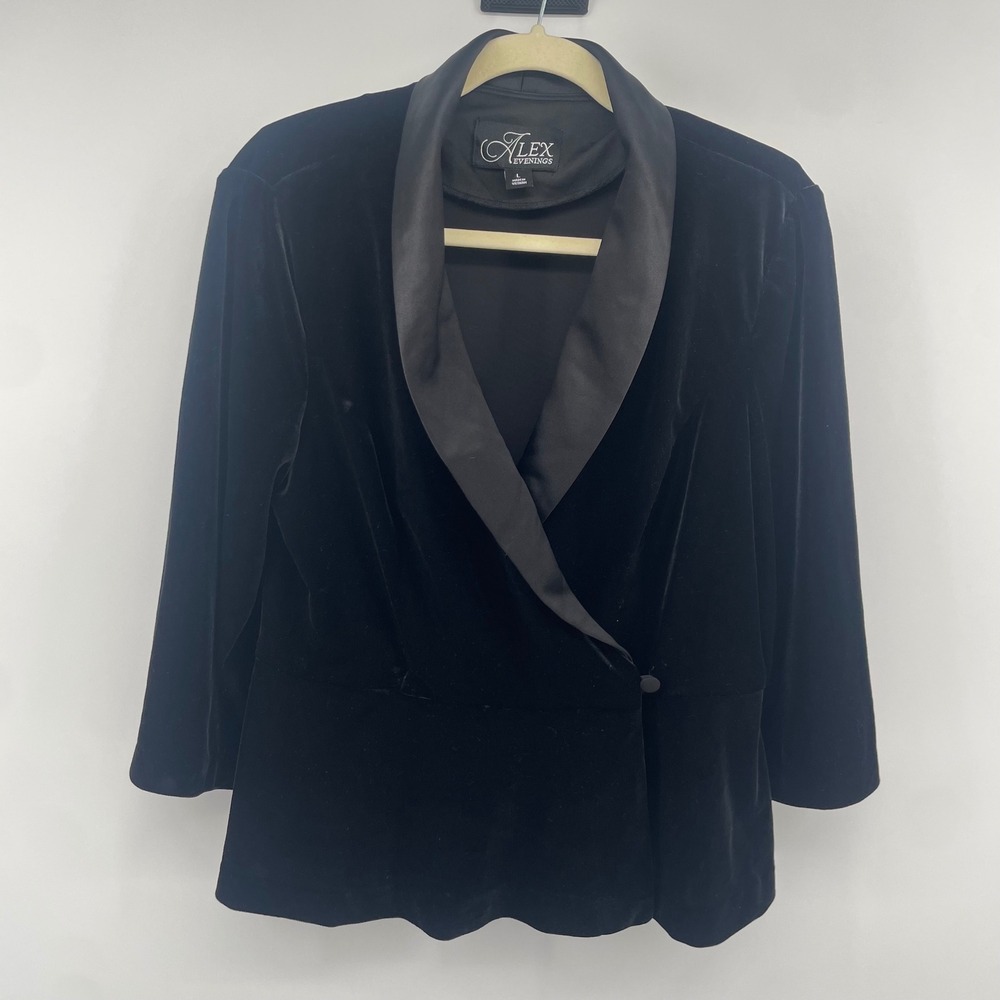 Alex Evenings Blazer Women Large Black Velvet Satin Shawl Collar Wrap Jacket